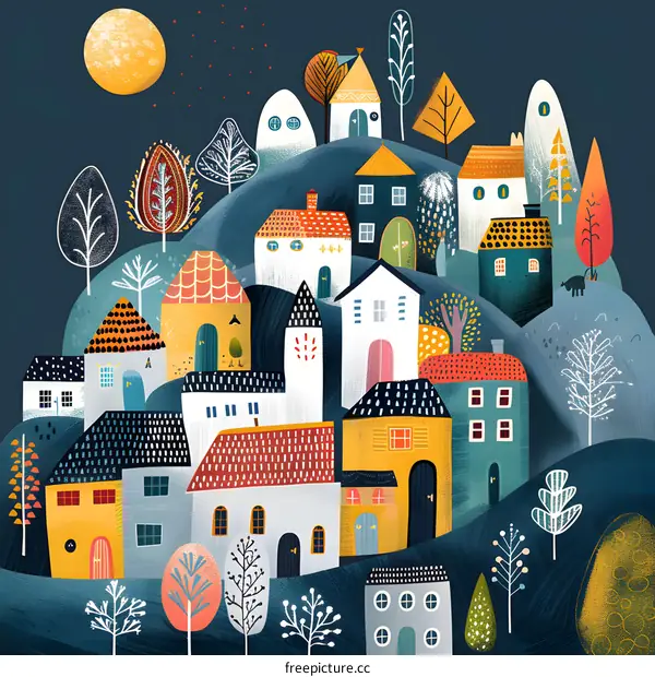 Night Village on Hill with Moon and Stars