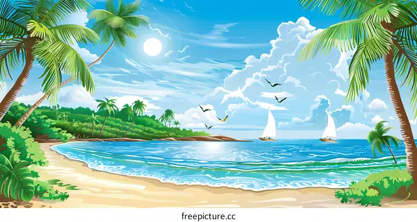 Tropical Island Beach Landscape With Palm Trees and Sailboats
