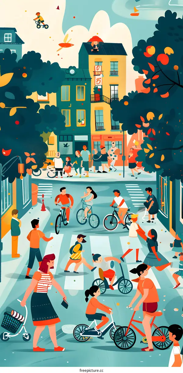 Colorful Illustration of People Riding Bikes in a City Street