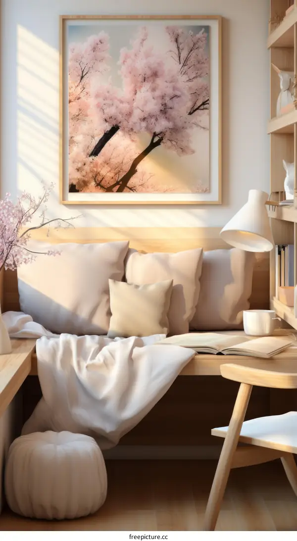 A beautiful cherry blossom tree in a cozy living room