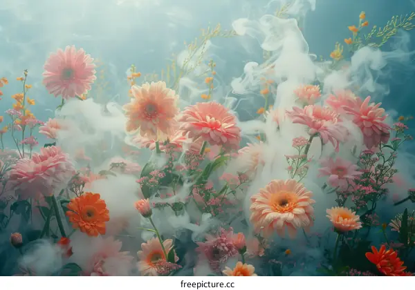 Stunning image of colorful gerbera daisies with white smoke