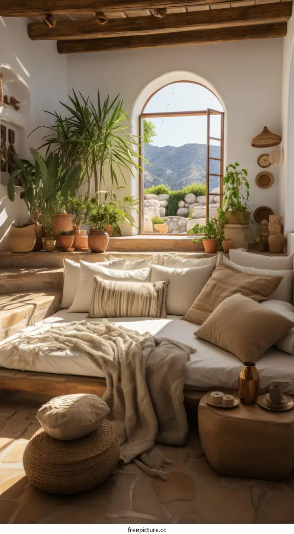 Modern bohemian living room interior with natural textures and warm colors