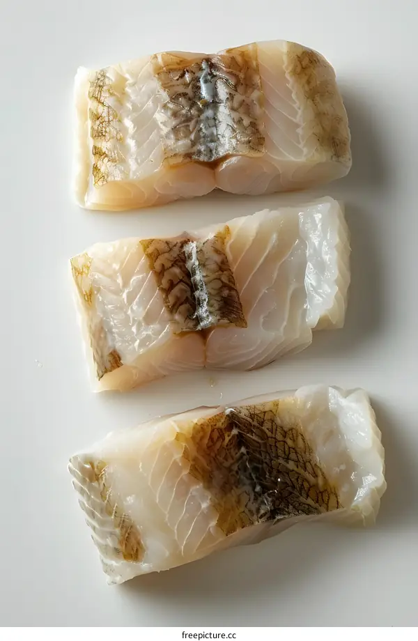 Three pieces of raw cod loin