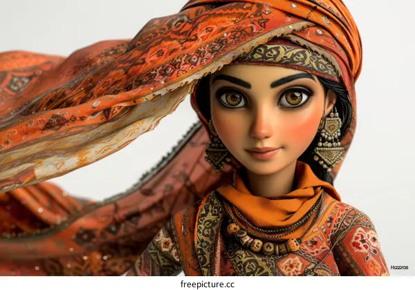 A young woman wearing a traditional headscarf