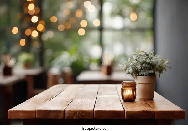 Wooden Table in a Cafe with Plants and Lights