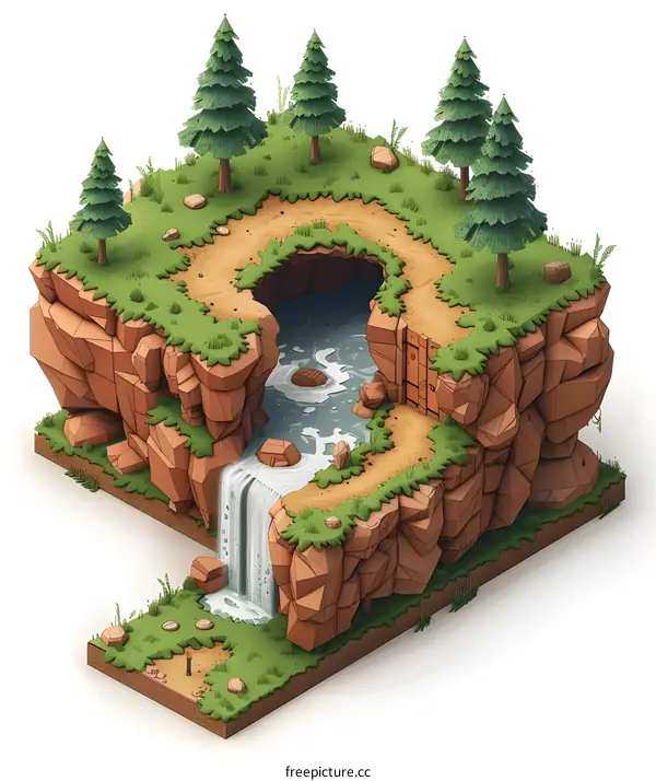 Isometric Waterfall Island Landscape