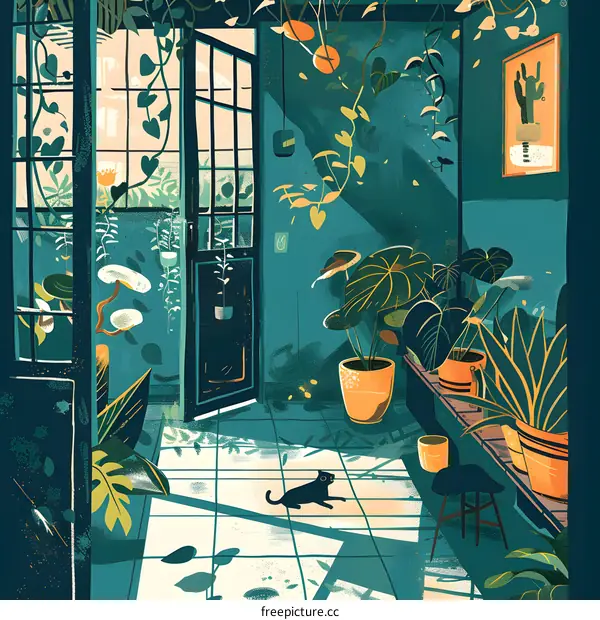 Green House Plants Illustration With Cat