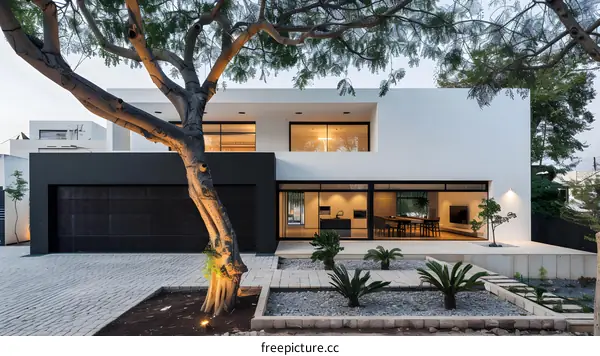 Modern House Exterior With Large Windows And Landscaping