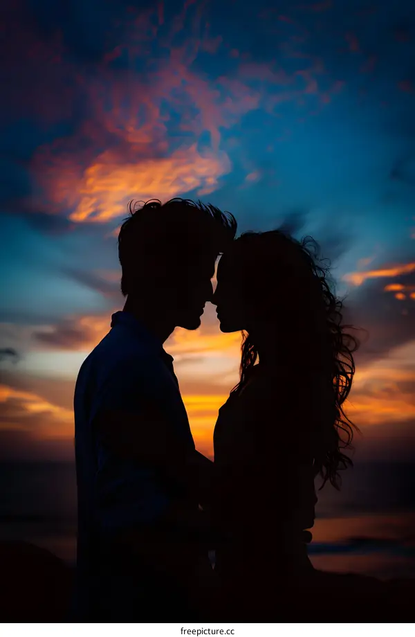 Silhouette of Couple Embracing Against Sunset