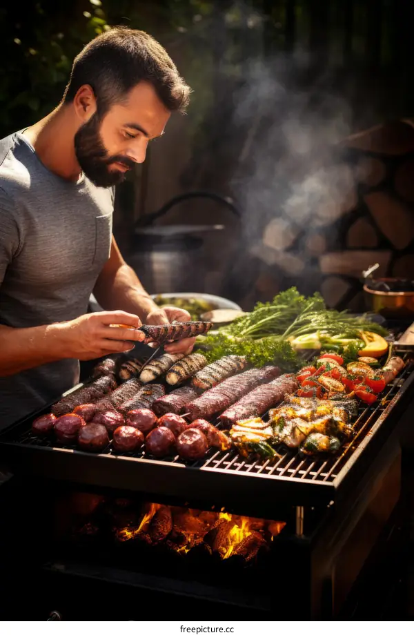 Man grilling on a barbecue in the backyard