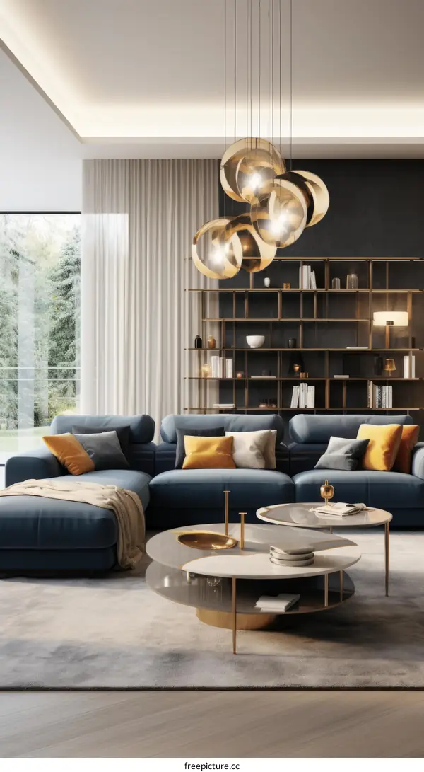 Blue velvet modern living room interior design