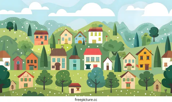 Cartoon Illustration Of A Small Town With Houses And Trees