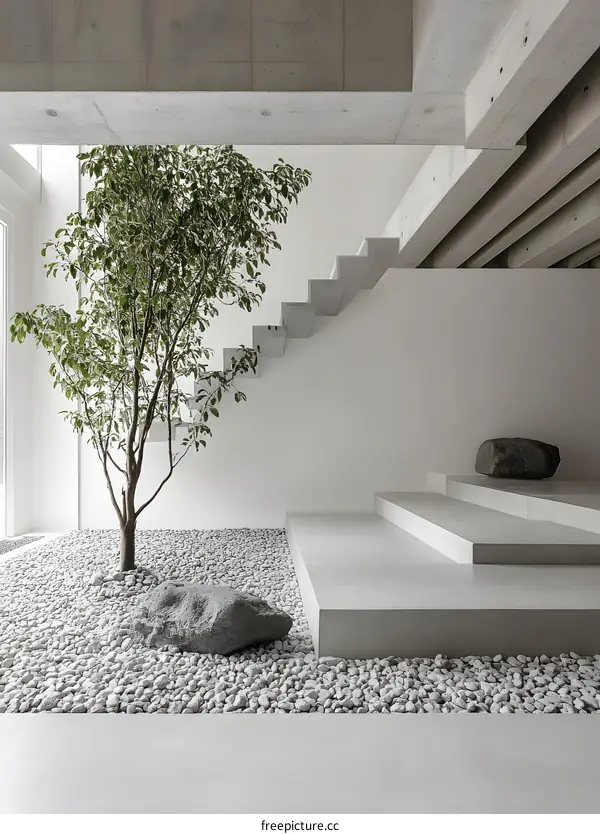 Modern Minimalist Interior Design with Concrete Stairs and Green Tree