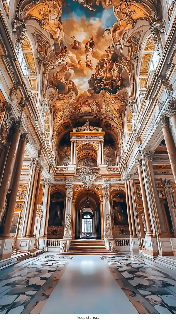 Ornate Interior of a Church with Golden Details and Frescoed Ceiling