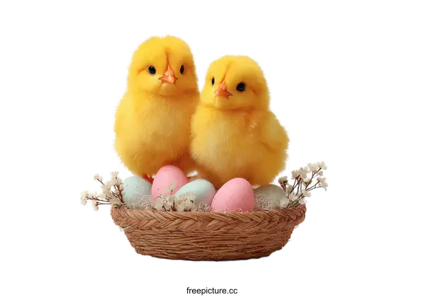 [Transparent Background PNG]Two Cute Baby Chickens in a Nest with Easter Eggs