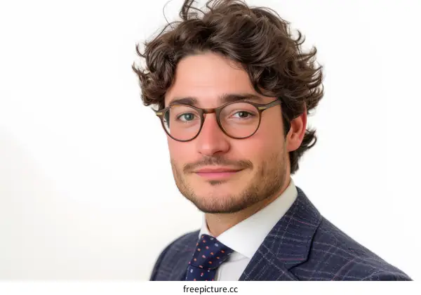 Headshot of a young professional man wearing glasses and a suit