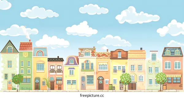 Cartoon Illustration Of A Colorful Row Of Houses In A Town