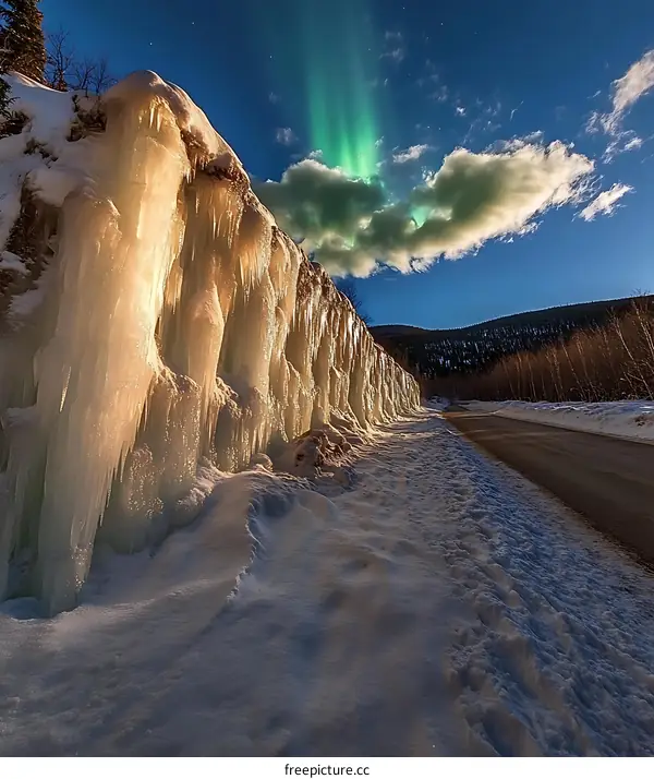 Ice Wall Under The Northern Lights