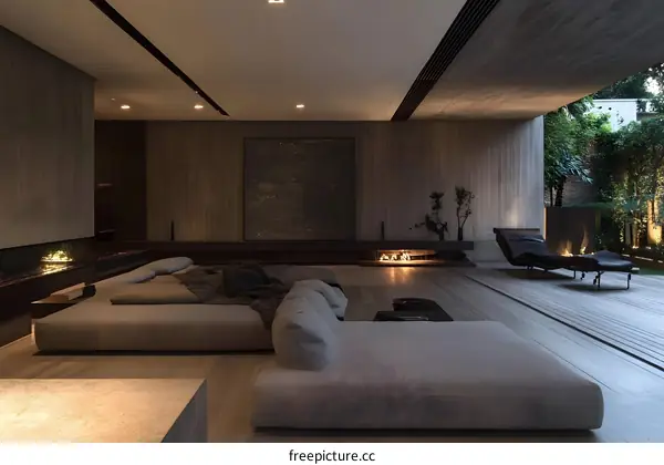 Modern Minimalist Living Room Interior Design with Concrete Walls and Large Windows