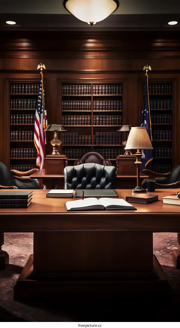 A Judge's Chambers with a Large Desk and Bookcase