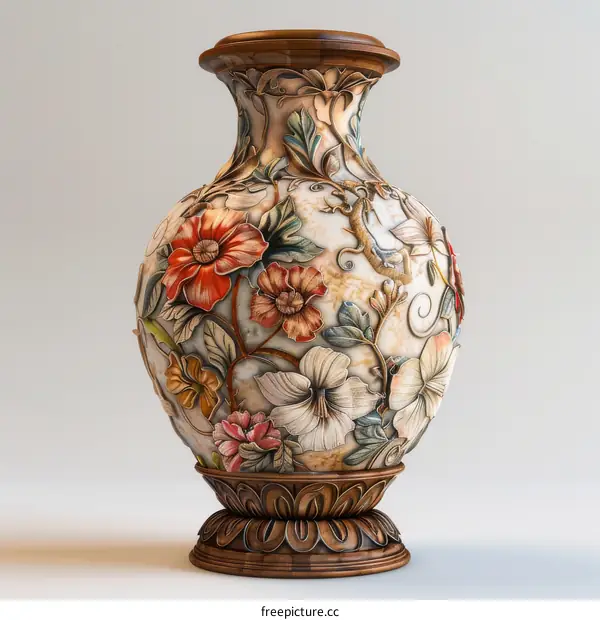 A 3D rendering of a ceramic vase with floral carvings