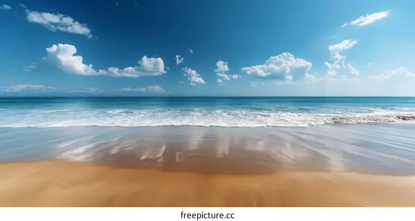 Tranquil Beach Landscape with Blue Sky and White Clouds