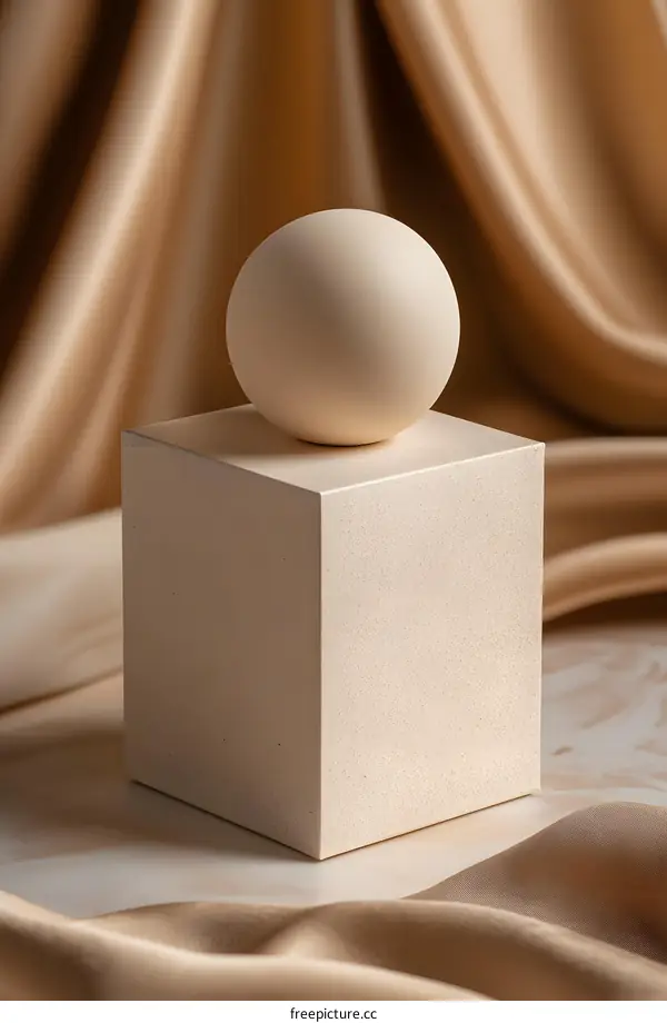 Beige Cube and Sphere on Fabric Background