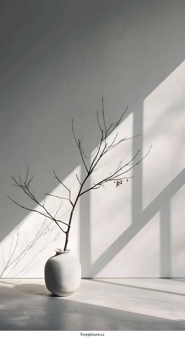 Minimalist Branch In Vase With White Wall And Sunlight