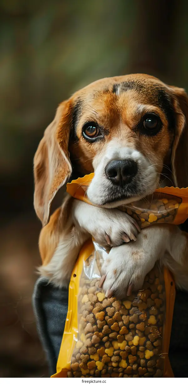 A cute beagle dog is carrying a bag of dog food in its paws