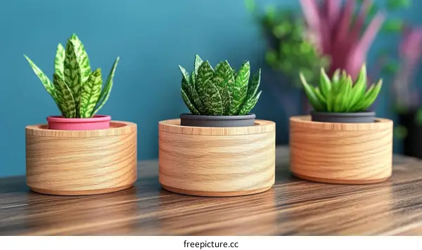 Three Small Plant Pots on Wooden Table