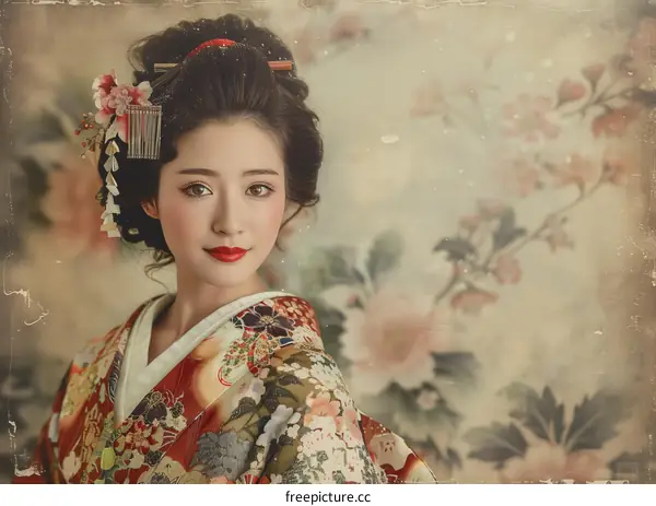 Portrait of a young Japanese woman in traditional kimono