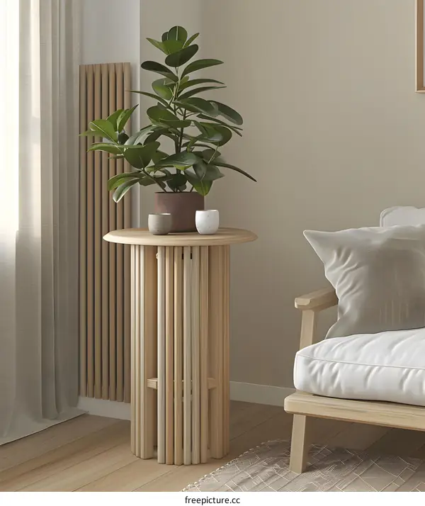 Modern Minimalist Living Room Interior Design with Wooden Side Table and Green Plant