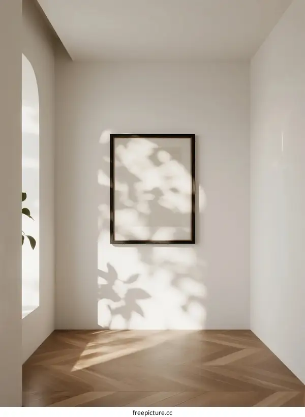 Sunlit room with framed picture and plant shadow on wall