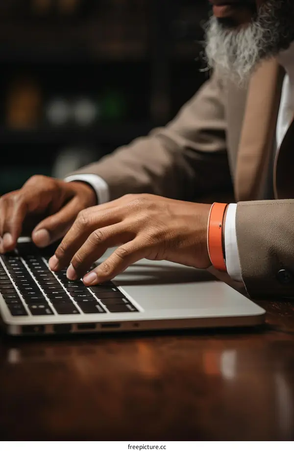 Black man wearing orange bracelet typing on laptop