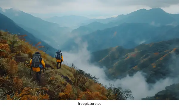 Two Hikers Walking on a Mountain Trail with Foggy View