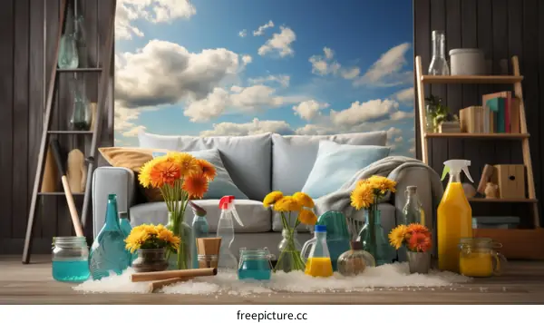 A living room with a couch, flowers, and cleaning supplies