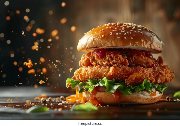 Crispy fried chicken sandwich with lettuce and tomato