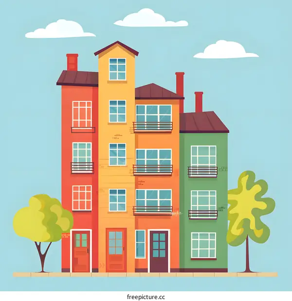 Cartoon Illustration of a Colorful Building with Trees