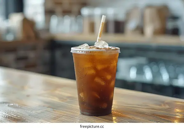 Iced coffee in a plastic cup on a wooden table