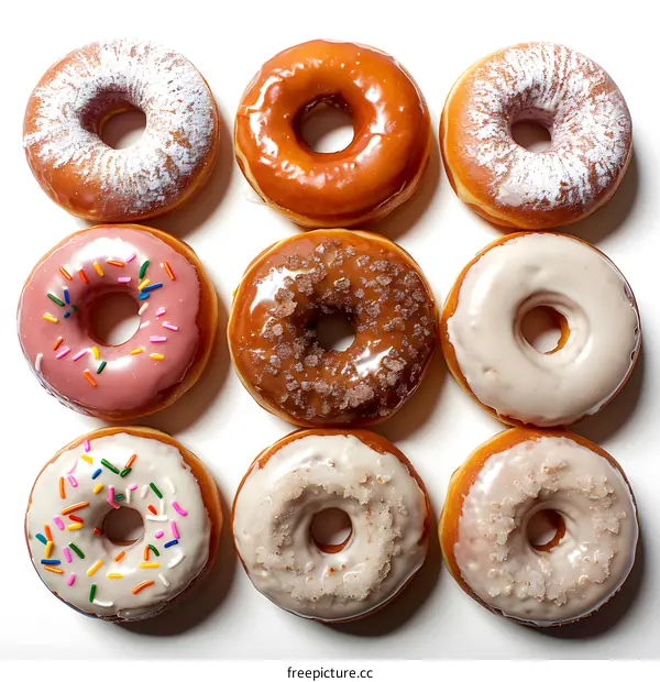Variety of glazed donuts on white background