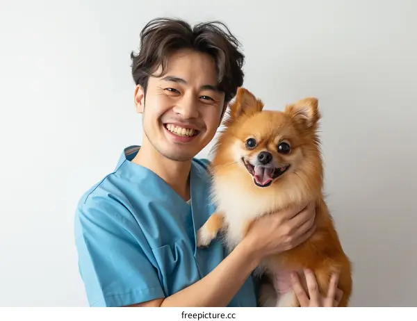 Asian male veterinarian holding a small dog