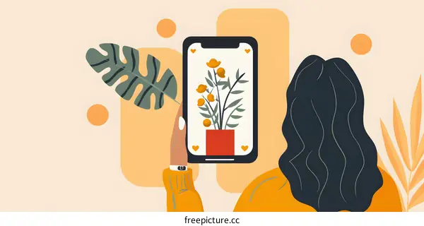 Woman Using Smartphone To View Flowers Illustration