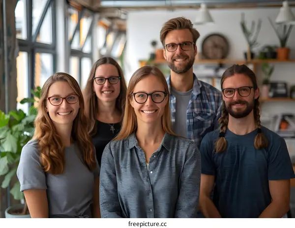 portrait of five smiling people wearing glasses in an office