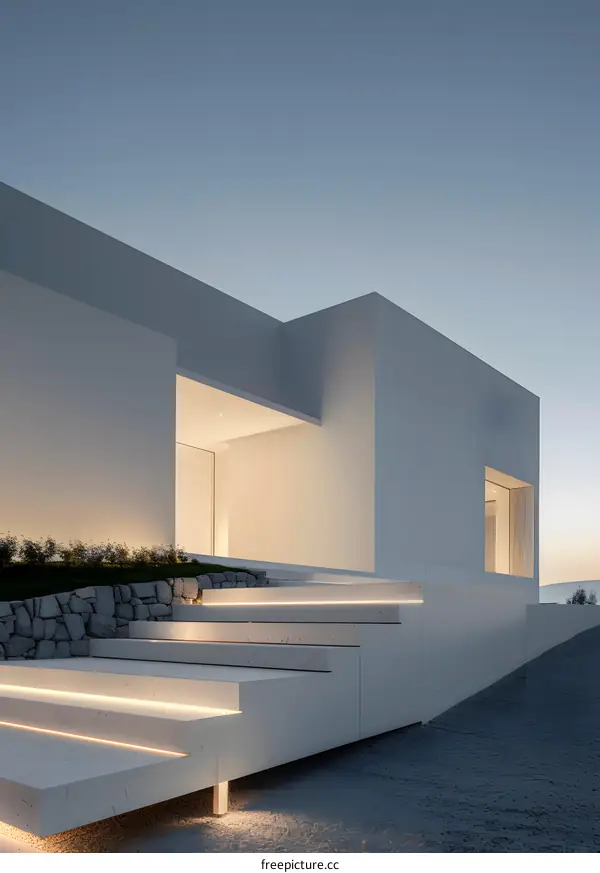 Minimalist White Modern House with Steps and Outdoor Lighting