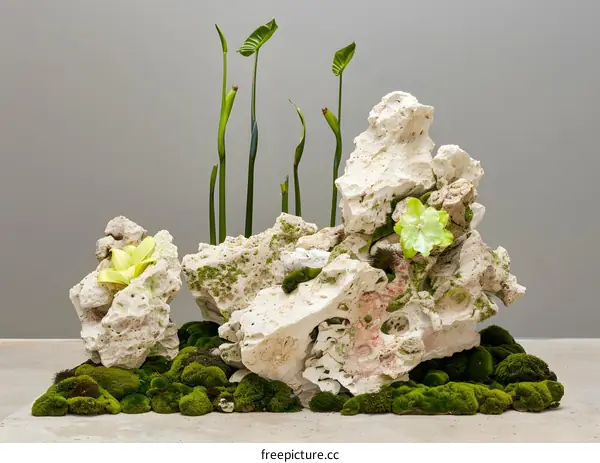 Close Up View of  Green Plants and Moss Growing on White Rocks