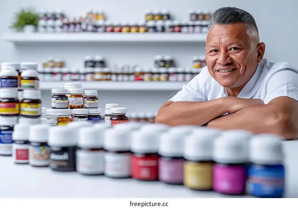 Portrait of a male pharmacist leaning on a table full of supplement bottles