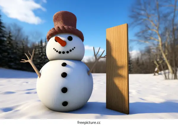 A 3D rendering of a snowman wearing a purple top hat standing in a snowy field next to a wooden sign