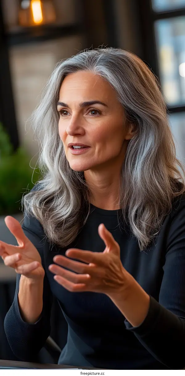 Woman With Gray Hair Discussing a Topic While Gesturing With Her Hands