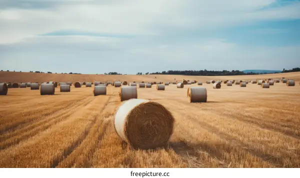 Field of hay bales under blue sky