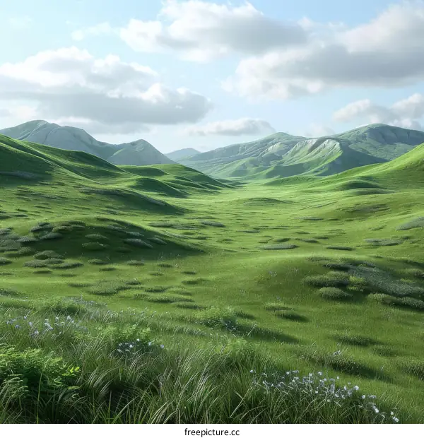 A lush green valley between two mountains